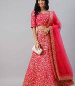 Astounding Pink Embroidery Slub Silk Bridal Indian Wedding Lehenga Dress
