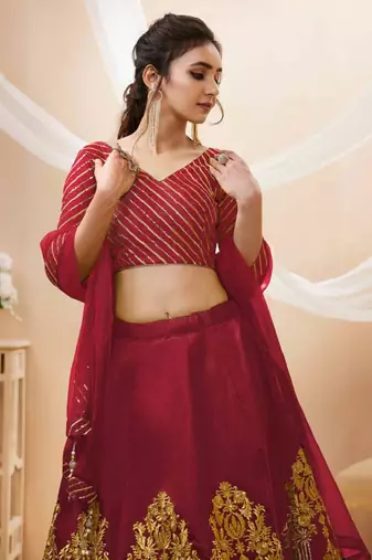 Fascinating Red Zari & Sequins Embroidered Silk Indian Wedding Lehenga Dress
