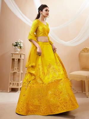 Wonderful Yellow Colored Sequins And Zari Embroidery Art Silk Indian Wedding Lehenga Choli And Dupatta Set Latest 3
