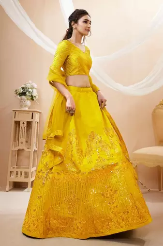 Wonderful Yellow Colored Sequins And Zari Embroidery Art Silk Indian Wedding Lehenga Choli And Dupatta Set Latest