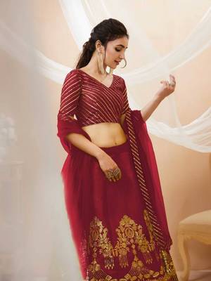 Fascinating Red Zari & Sequins Embroidered Silk Indian Wedding Lehenga Dress 3