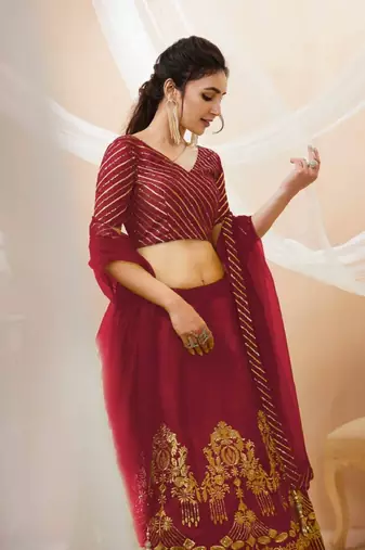 Fascinating Red Zari & Sequins Embroidered Silk Indian Wedding Lehenga Dress
