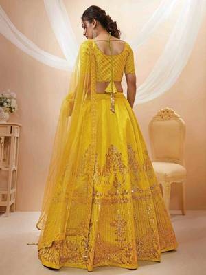 Wonderful Yellow Colored Sequins And Zari Embroidery Art Silk Indian Wedding Lehenga Choli And Dupatta Set Latest 4