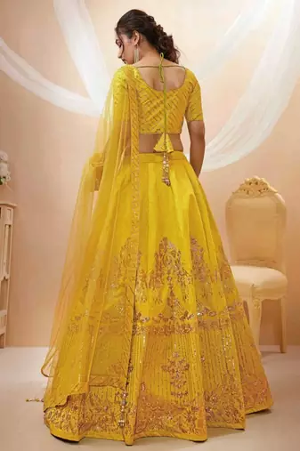 Wonderful Yellow Colored Sequins And Zari Embroidery Art Silk Indian Wedding Lehenga Choli And Dupatta Set Latest