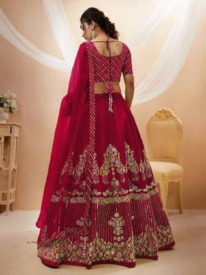 Fascinating Red Zari & Sequins Embroidered Silk Indian Wedding Lehenga Dress 4