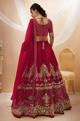Fascinating Red Zari & Sequins Embroidered Silk Indian Wedding Lehenga Dress