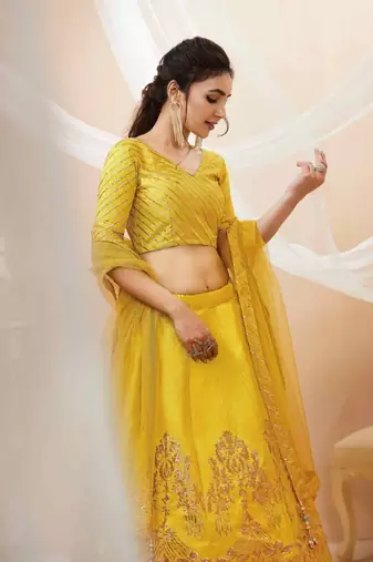 Wonderful Yellow Colored Sequins And Zari Embroidery Art Silk Indian Wedding Lehenga Choli And Dupatta Set Latest