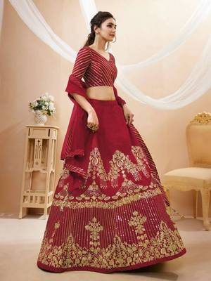 Fascinating Red Zari & Sequins Embroidered Silk Indian Wedding Lehenga Dress 5