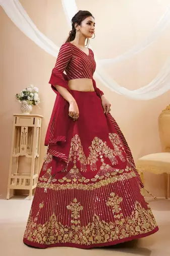 Fascinating Red Zari & Sequins Embroidered Silk Indian Wedding Lehenga Dress