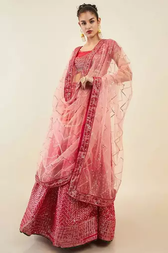  Pink Thread & Sequins Wedding Wear Chinon Lehenga Choli Set Bridal Lehenga