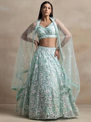 fabulous blue sequins embroidered wrok soft net fabric Indian designer engagement wear lehenga 1