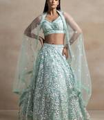 fabulous blue sequins embroidered wrok soft net fabric Indian designer engagement wear lehenga