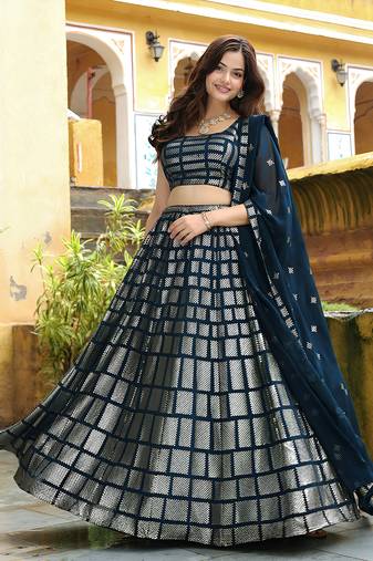 awesome navy blue sequins embroidered georgette fabric indian lehenga dress designs