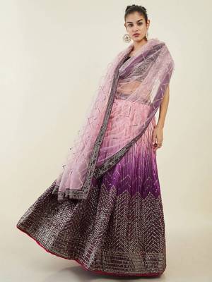  Purple Thread & Sequins Wedding Wear Chinon Lehenga Choli Set Party Lehenga 1