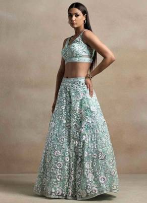 fabulous blue sequins embroidered wrok soft net fabric Indian designer engagement wear lehenga 4