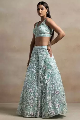 fabulous blue sequins embroidered wrok soft net fabric Indian designer engagement wear lehenga