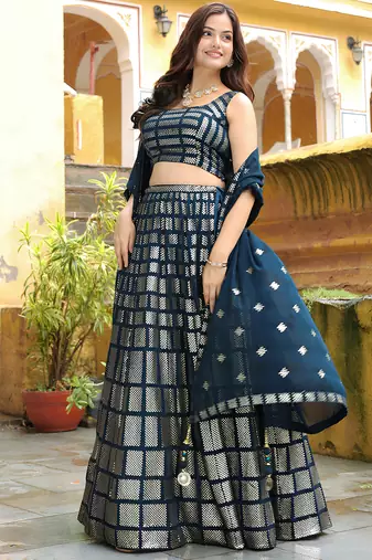 awesome navy blue sequins embroidered georgette fabric indian lehenga dress designs
