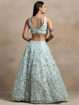 fabulous blue sequins embroidered wrok soft net fabric Indian designer engagement wear lehenga 5