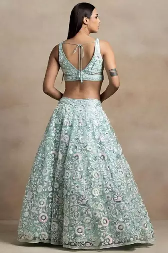 fabulous blue sequins embroidered wrok soft net fabric Indian designer engagement wear lehenga