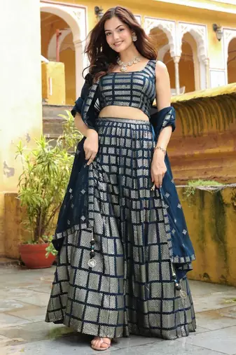 awesome navy blue sequins embroidered georgette fabric indian lehenga dress designs