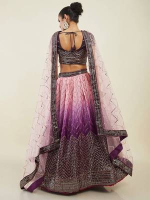  Purple Thread & Sequins Wedding Wear Chinon Lehenga Choli Set Party Lehenga 4