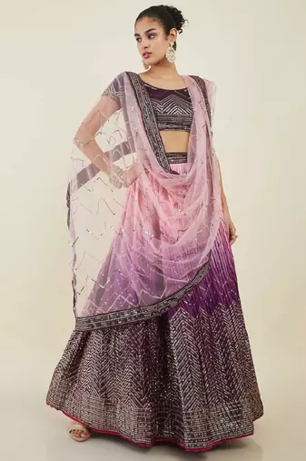  Purple Thread & Sequins Wedding Wear Chinon Lehenga Choli Set Party Lehenga