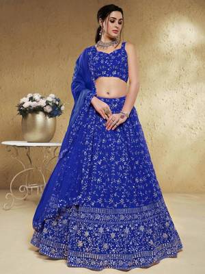 Wonderful Blue Sequins Embroidered Georgette Designer Wedding Lehenga Choli 1