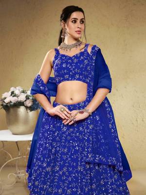 Wonderful Blue Sequins Embroidered Georgette Designer Wedding Lehenga Choli 2