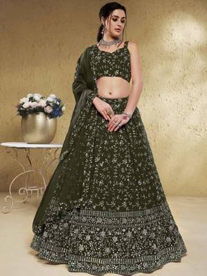 Astonishing Green Sequins Embroidered Georgette Mehendi Wedding Lehenga Choli 1