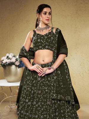Astonishing Green Sequins Embroidered Georgette Mehendi Wedding Lehenga Choli 2