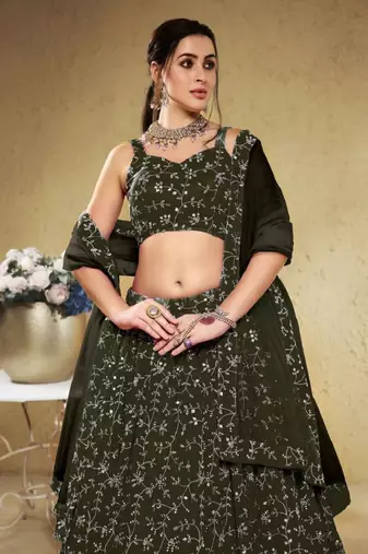 Astonishing Green Sequins Embroidered Georgette Mehendi Wedding Lehenga Choli