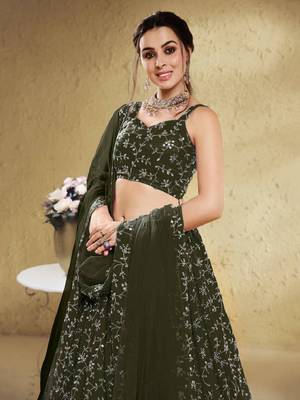 Astonishing Green Sequins Embroidered Georgette Mehendi Wedding Lehenga Choli 3