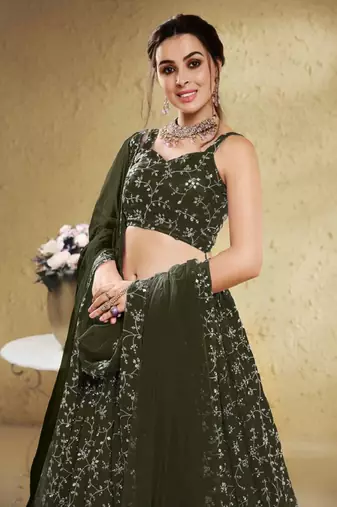 Astonishing Green Sequins Embroidered Georgette Mehendi Wedding Lehenga Choli