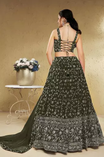 Astonishing Green Sequins Embroidered Georgette Mehendi Wedding Lehenga Choli