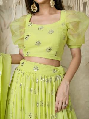 Lime Green Sequins Embroidered Georgette Wedding Wear Lehenga Choli 2