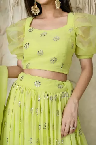 Lime Green Sequins Embroidered Georgette Wedding Wear Lehenga Choli