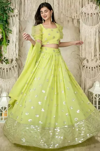 Lime Green Sequins Embroidered Georgette Wedding Wear Lehenga Choli