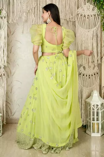 Lime Green Sequins Embroidered Georgette Wedding Wear Lehenga Choli