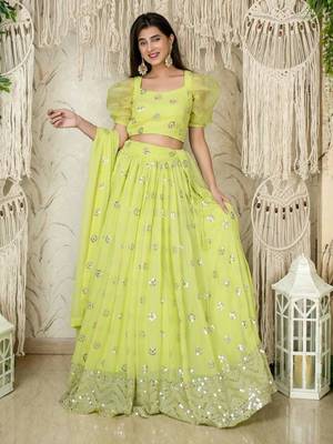 Lime Green Sequins Embroidered Georgette Wedding Wear Lehenga Choli 5