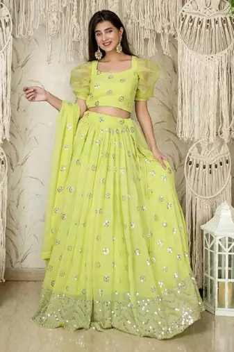 Lime Green Sequins Embroidered Georgette Wedding Wear Lehenga Choli