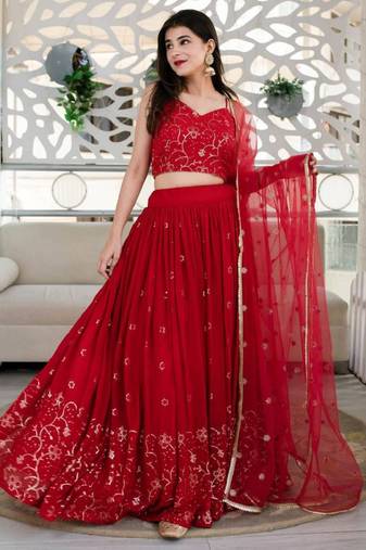 Alluring Red Sequins Embroidered Georgette Indian Wedding Ethnic Lehenga Choli