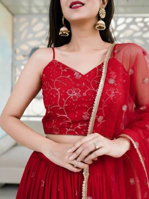 Alluring Red Sequins Embroidered Georgette Indian Wedding Ethnic Lehenga Choli 2