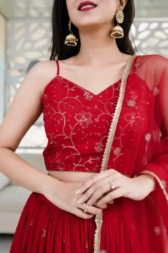 Alluring Red Sequins Embroidered Georgette Indian Wedding Ethnic Lehenga Choli
