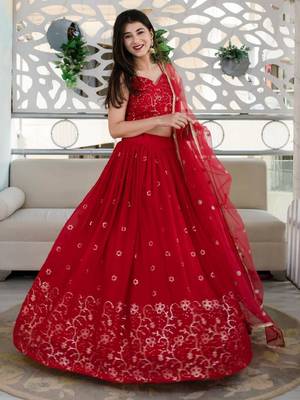 Alluring Red Sequins Embroidered Georgette Indian Wedding Ethnic Lehenga Choli 3