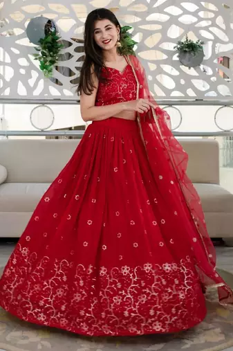 Alluring Red Sequins Embroidered Georgette Indian Wedding Ethnic Lehenga Choli