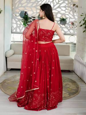 Alluring Red Sequins Embroidered Georgette Indian Wedding Ethnic Lehenga Choli 4