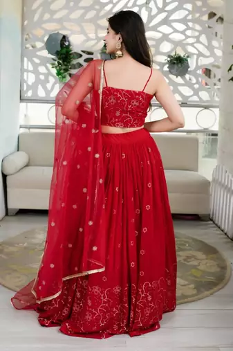 Alluring Red Sequins Embroidered Georgette Indian Wedding Ethnic Lehenga Choli
