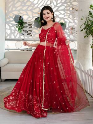 Alluring Red Sequins Embroidered Georgette Indian Wedding Ethnic Lehenga Choli 5