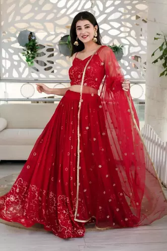 Alluring Red Sequins Embroidered Georgette Indian Wedding Ethnic Lehenga Choli