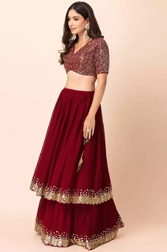 Wonderful Maroon Sequins Georgette Party Wear Wedding Lehenga Choli 